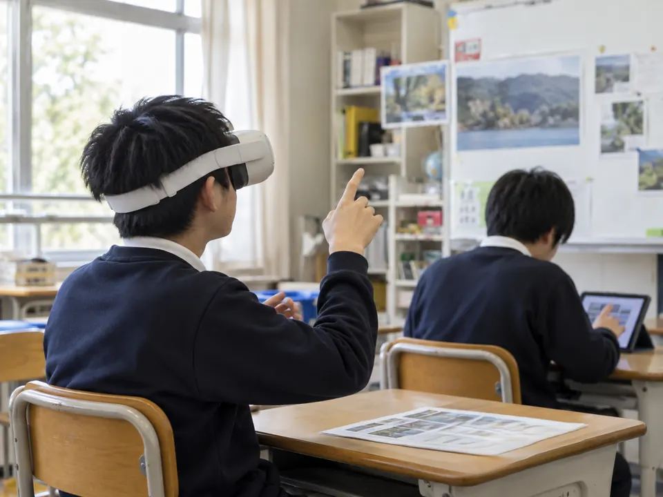 VRゴーグルを着けて手を伸ばしながら学ぶ生徒と、タブレットで学ぶ生徒がいる教室のイメージ