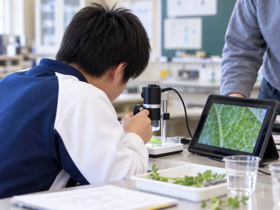 理科室で、生徒がデジタル顕微鏡で葉を観察し、拡大した様子をタブレットの画面で確かめている授業のイメージ