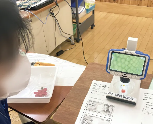 机の上のデジタル顕微鏡で、トレーに入れた試料を拡大して見ている様子