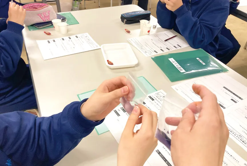 二人の生徒が、袋に入れた液の色の変化を見比べている手元